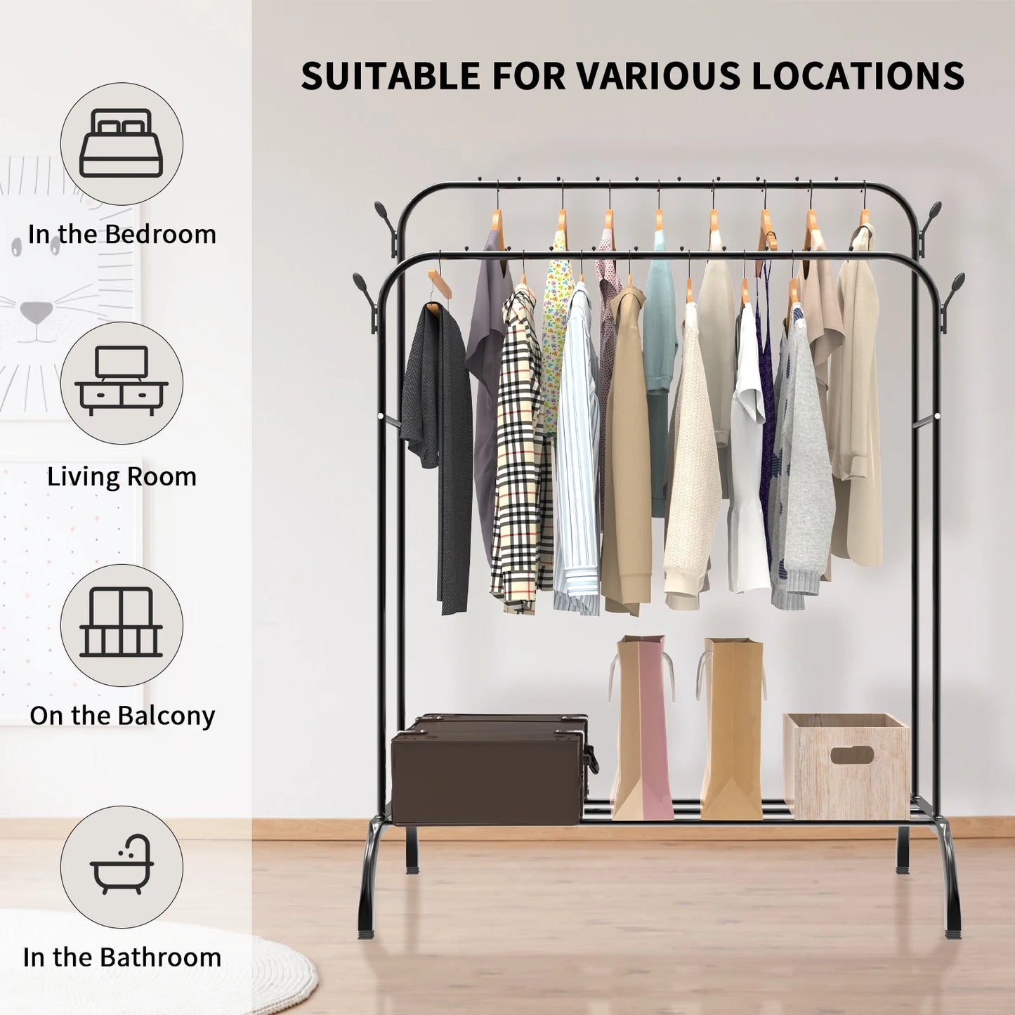 Adjustable Double-Rod Garment Rack with Shoe Storage Homelune LTD