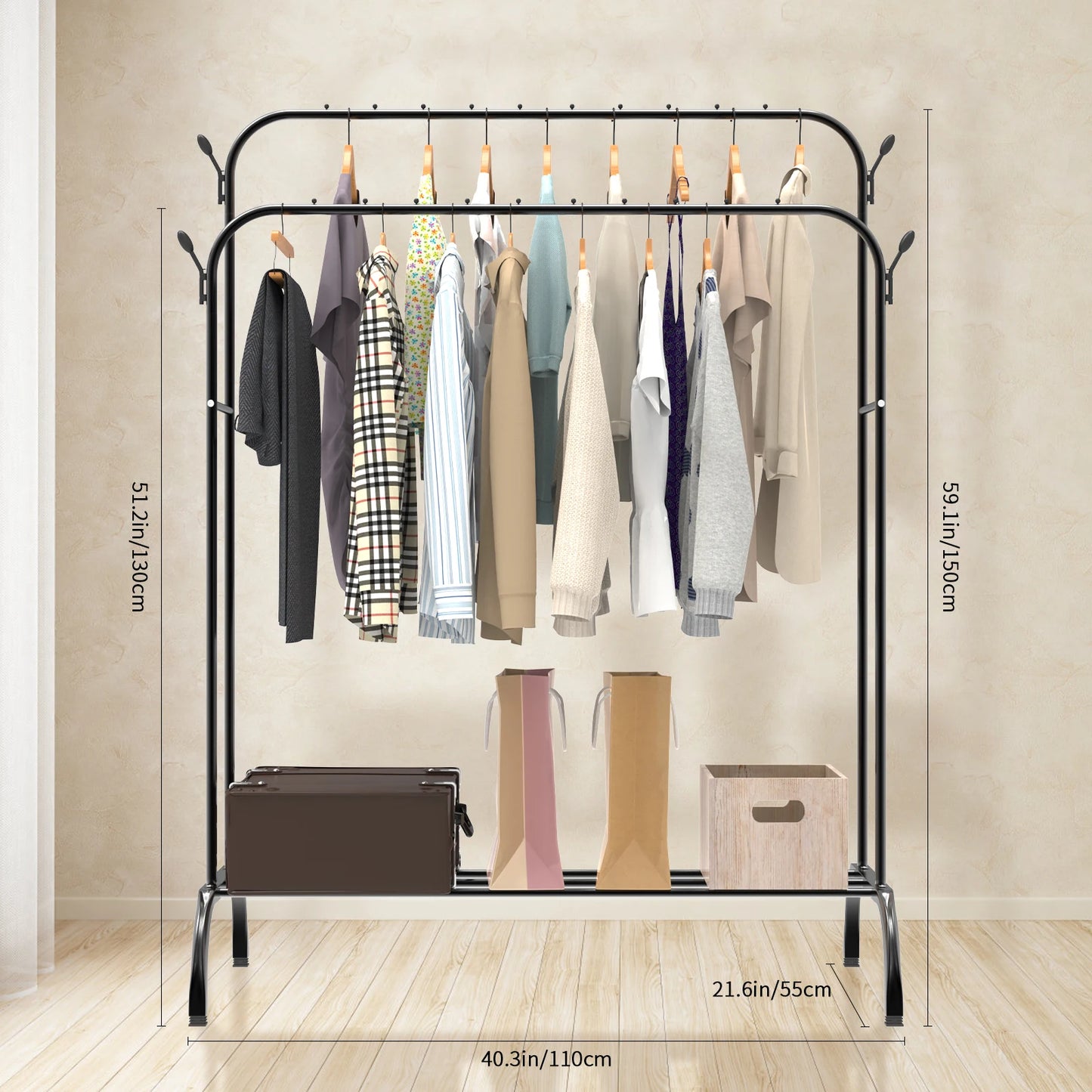 Adjustable Double-Rod Garment Rack with Shoe Storage Homelune LTD