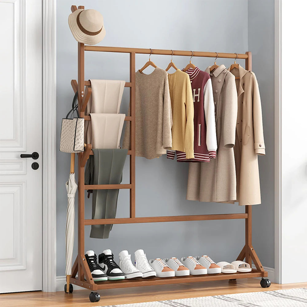 Bamboo Garment Hat Rack with Wheels Multifunctional Clothing Hanging Stand Homelune LTD
