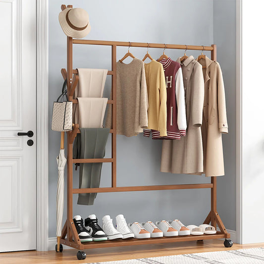 Bamboo Garment Hat Rack with Wheels Multifunctional Clothing Hanging Stand Homelune LTD