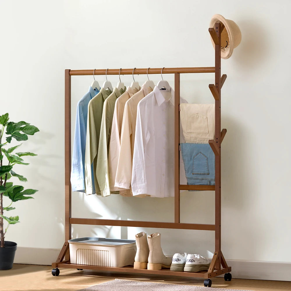 Bamboo Garment Hat Rack with Wheels Multifunctional Clothing Hanging Stand Homelune LTD