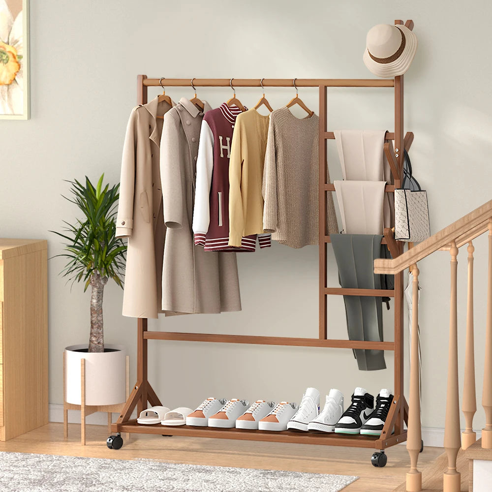 Bamboo Garment Hat Rack with Wheels Multifunctional Clothing Hanging Stand Homelune LTD