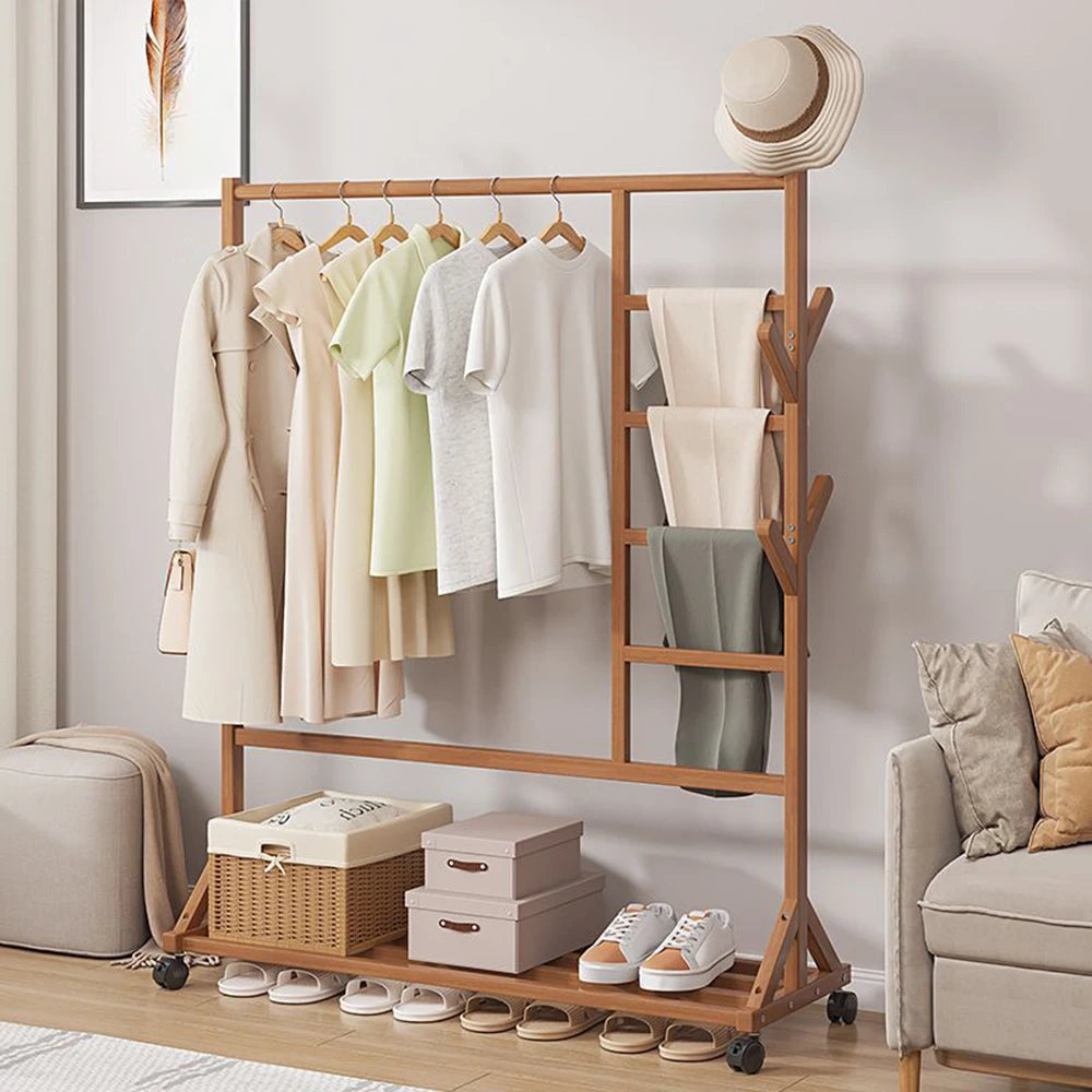 Bamboo Garment Hat Rack with Wheels Multifunctional Clothing Hanging Stand Homelune LTD