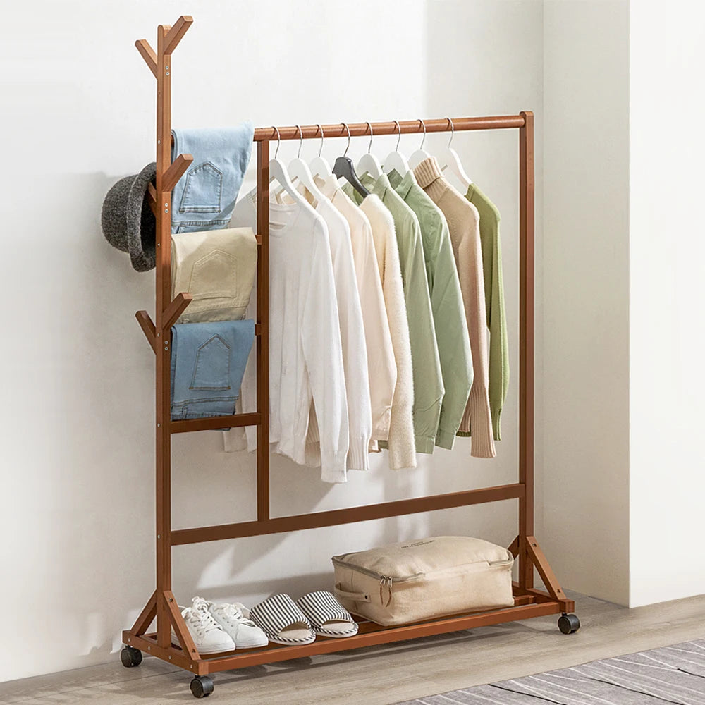 Bamboo Garment Hat Rack with Wheels Multifunctional Clothing Hanging Stand Homelune LTD