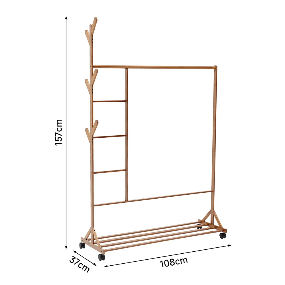 Bamboo Garment Hat Rack with Wheels Multifunctional Clothing Hanging Stand Homelune LTD