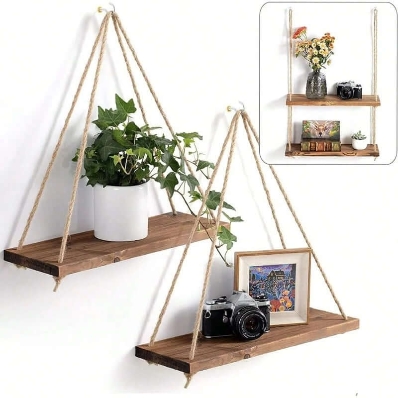 Hanging Wooden Shelf with Hemp Rope for Stylish Plant Display - Homelune LTD home essentials and decor!