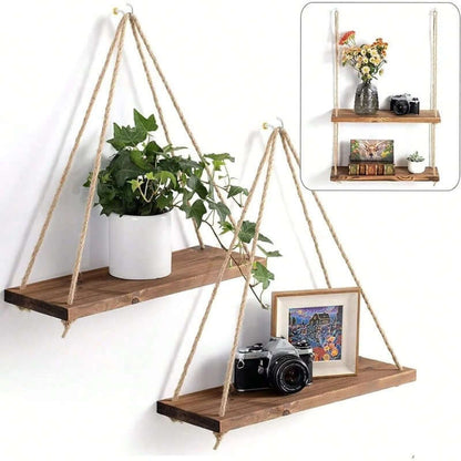 Hanging Wooden Shelf with Hemp Rope for Stylish Plant Display - Homelune LTD home essentials and decor!