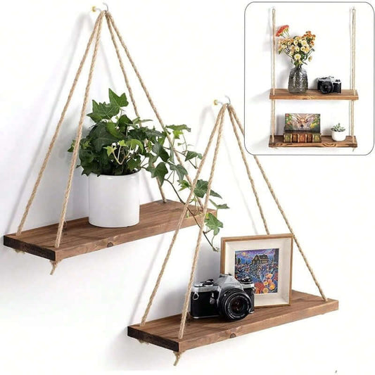 Hanging Wooden Shelf with Hemp Rope for Stylish Plant Display - Homelune LTD home essentials and decor!