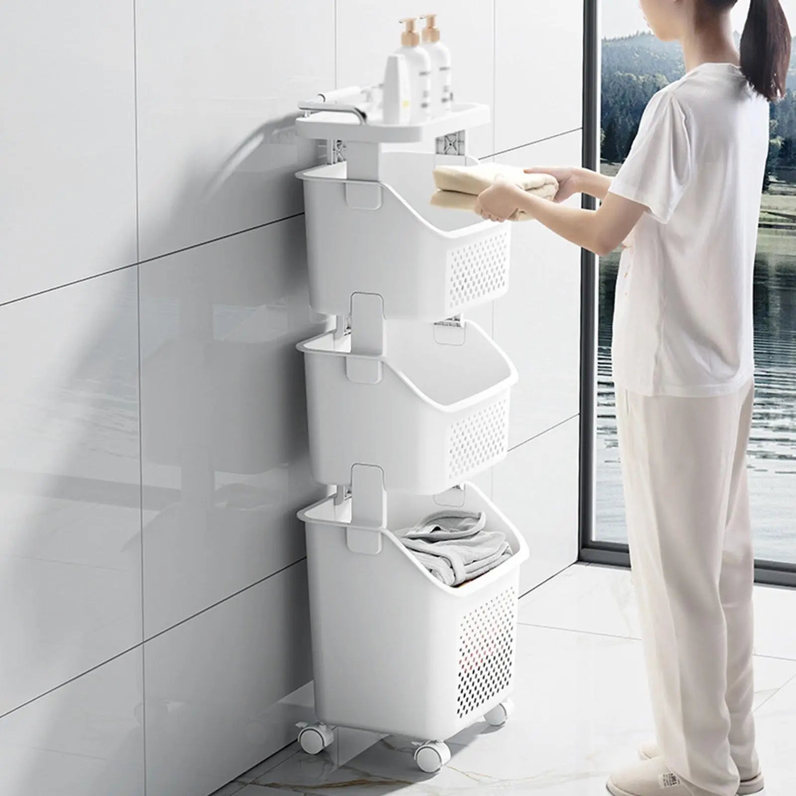 Rolling Laundry Basket with Storage Shelves Homelune LTD